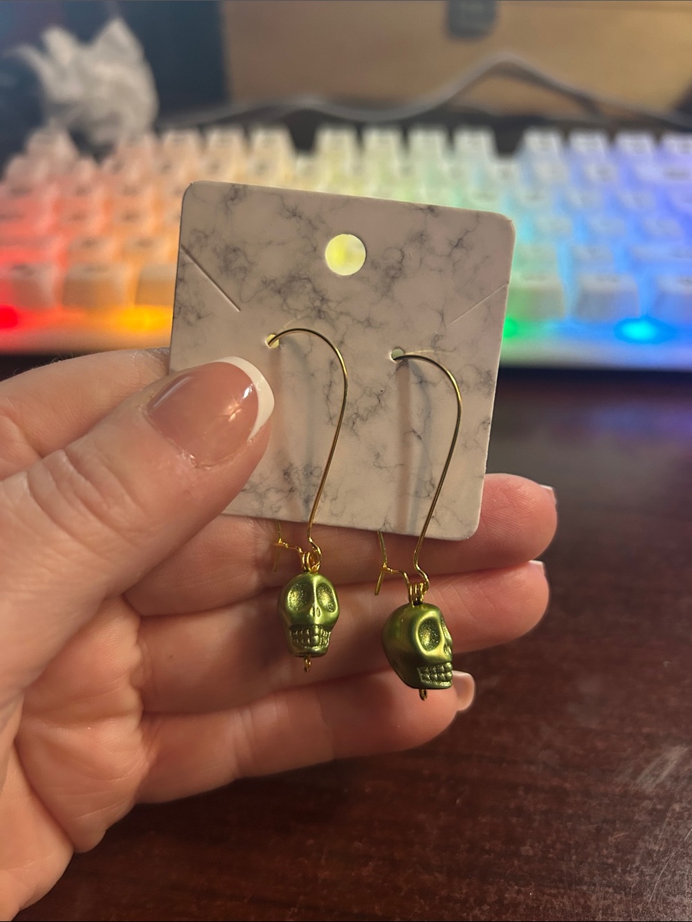 Green Skull Drop Earrings - Gold Hooks